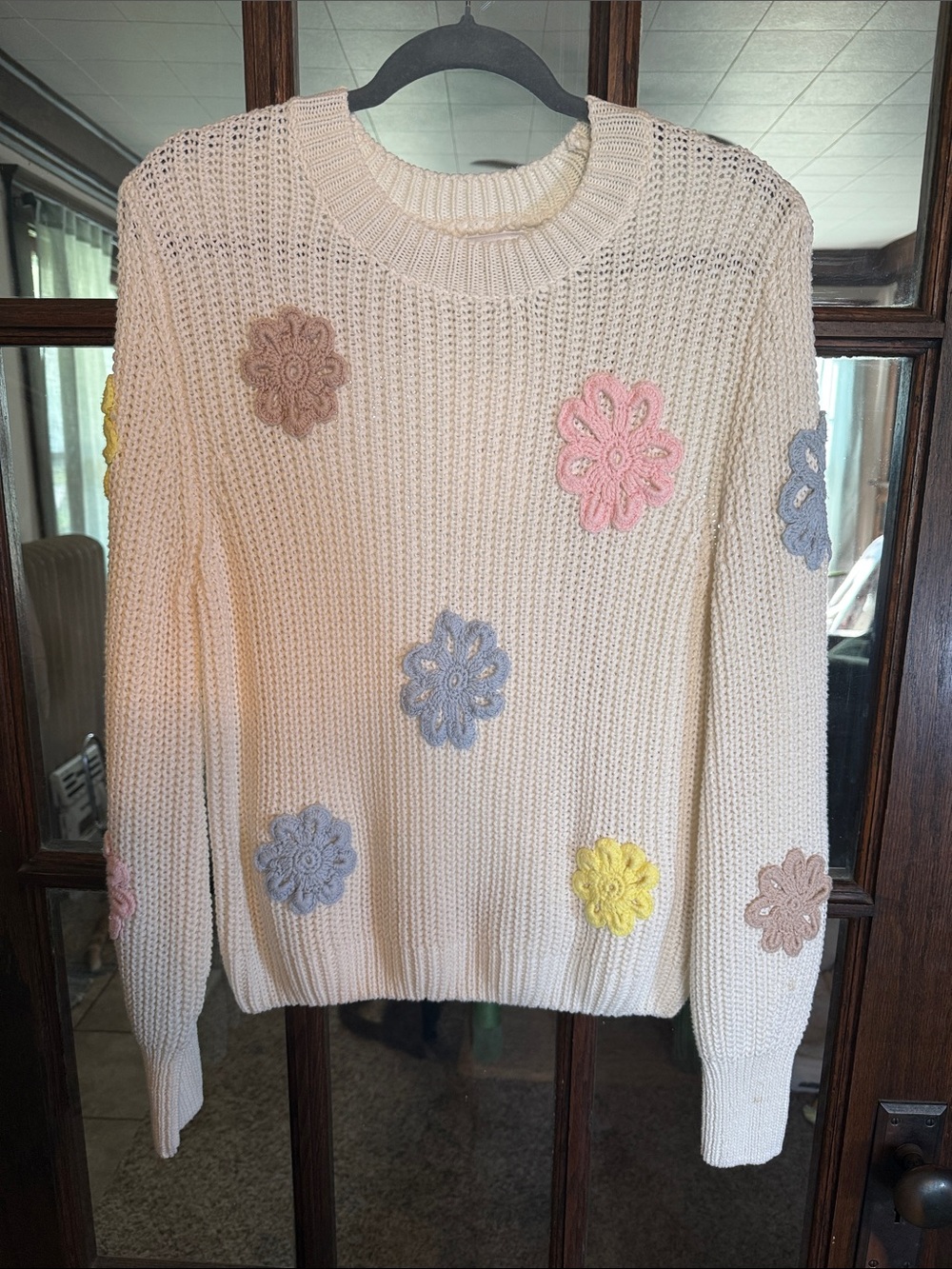 Willow & Wind Cream Crochet Floral Applique Cotton Shaker Knit Sweater M Boho